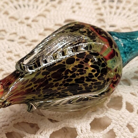 Vintage Czech Art Glass Flower Tulip Hand Blown Glass Turquoise Gold Long Stem - Picture 2 of 11